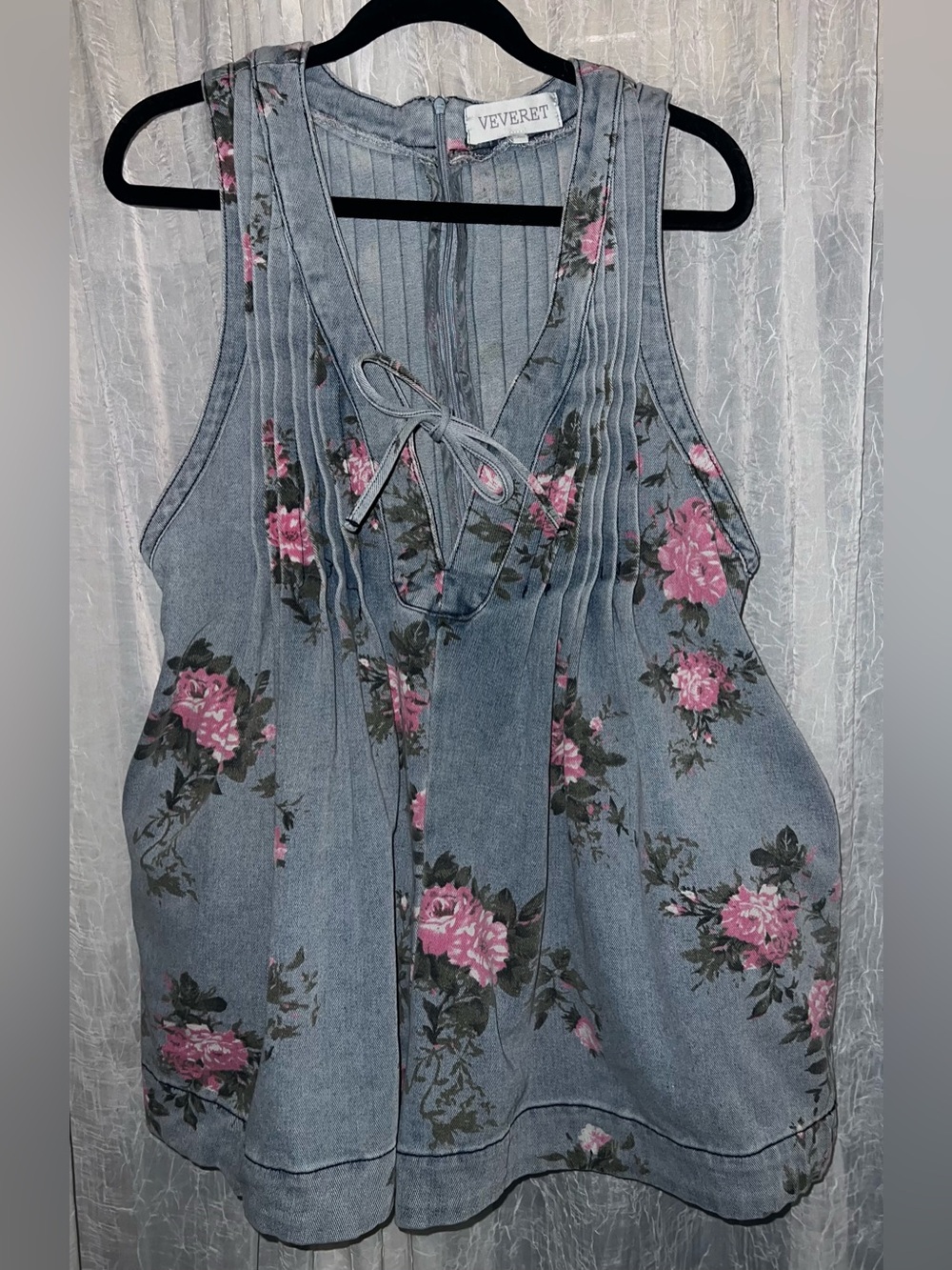 Veveret floral denim sleeveless romper large pleated coquette bow feminine NWOT - Picture 7 of 9